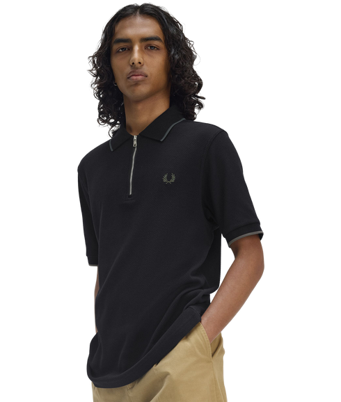 Textured Zip Polo - Black