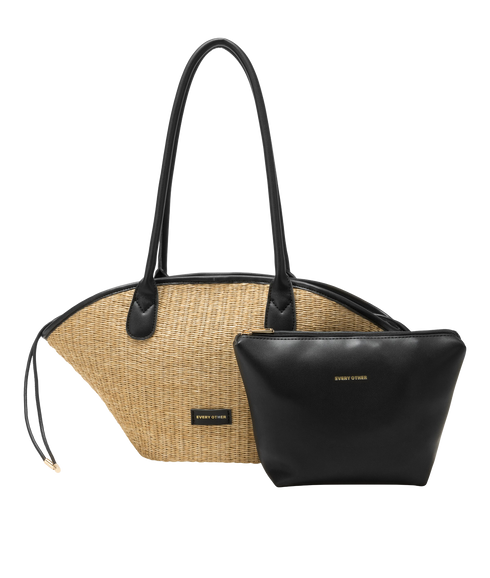 Straw Curved Top Grab Bag - Black