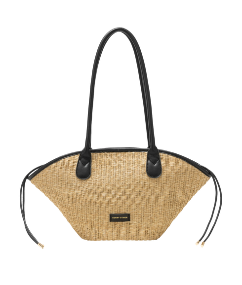 Straw Curved Top Grab Bag - Black