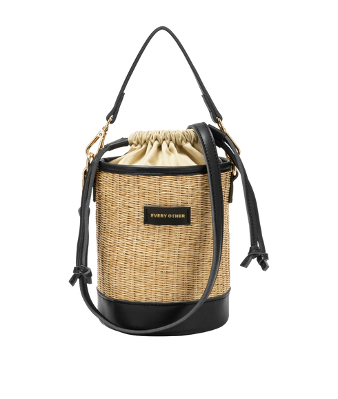 Straw Bucket Draw String Bag - Black