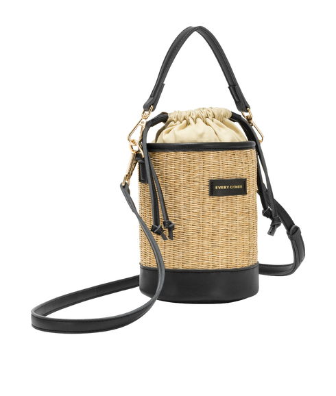 Straw Bucket Draw String Bag - Black