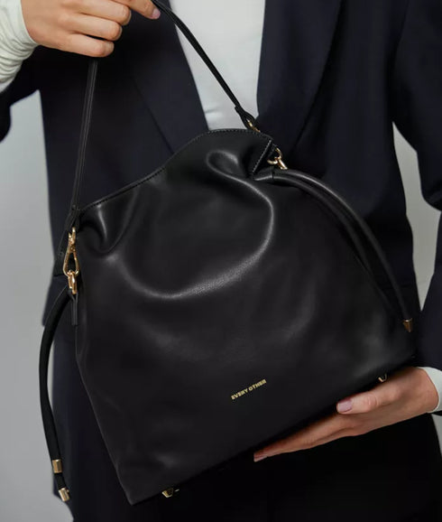 Draw String Shoulder Cross Body Bag - Black