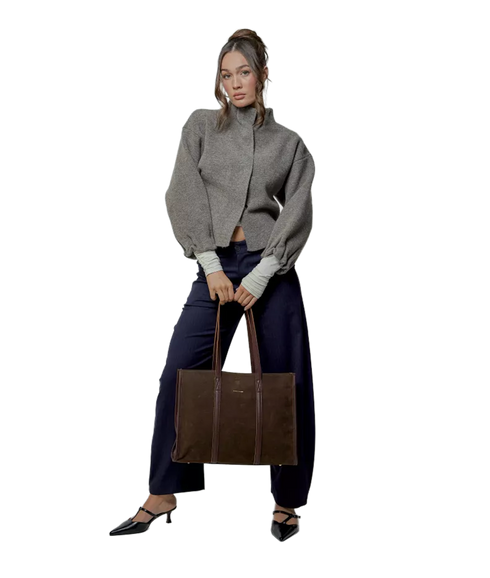 Suede Effect Large Tote Bag - Brown