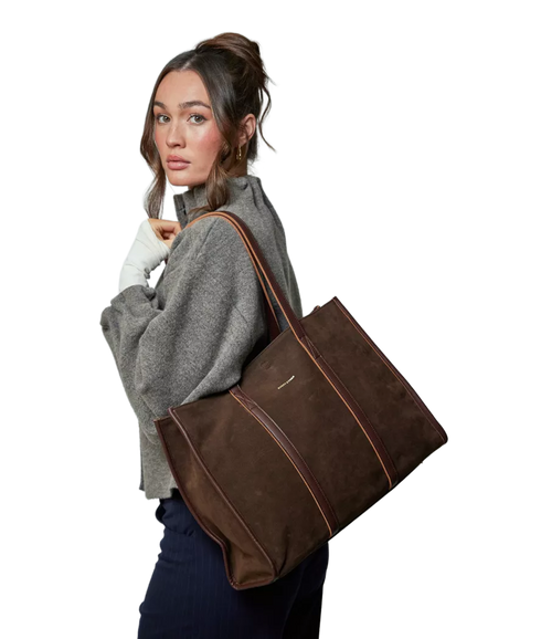 Suede Effect Large Tote Bag - Brown