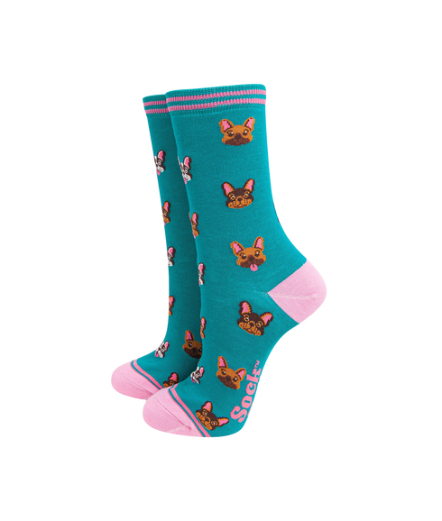 Women's Bamboo Socks Frenchie Faces - Blue