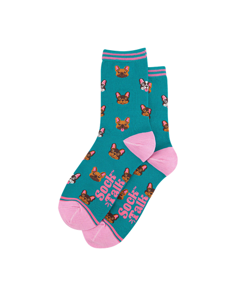 Women's Bamboo Socks Frenchie Faces - Blue