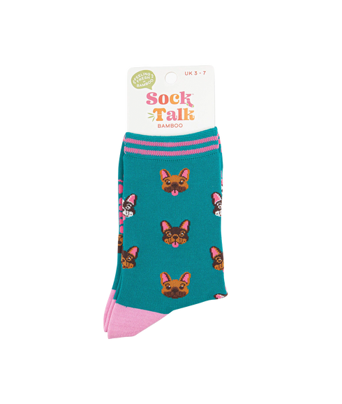 Women's Bamboo Socks Frenchie Faces - Blue