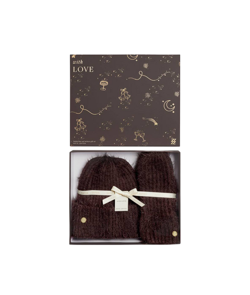 Gift Boxed Hat And Mitten Set - Chocolate