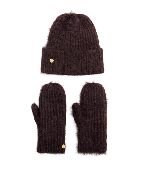 Gift Boxed Hat And Mitten Set - Chocolate