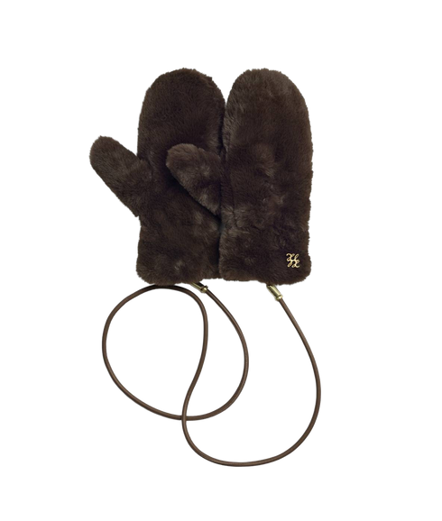 Faux Fur Mittens With Cord - Chocolate