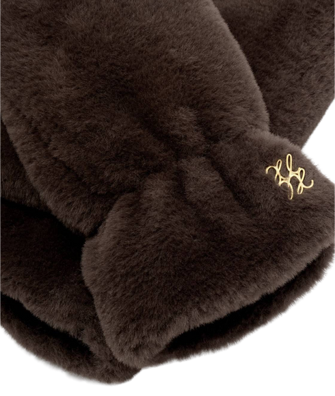 Faux Fur Mittens With Cord - Chocolate