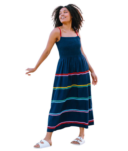 Penrose Shirred Sundress - Navy/Rainbow Ric Rac