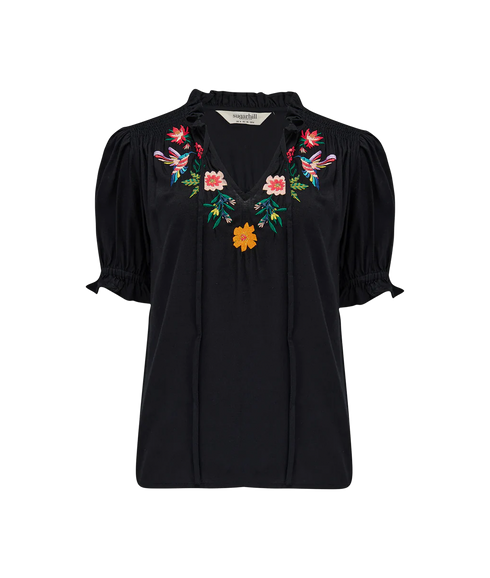 Angelique Shirred Top - Black/Tropical Hummingbird