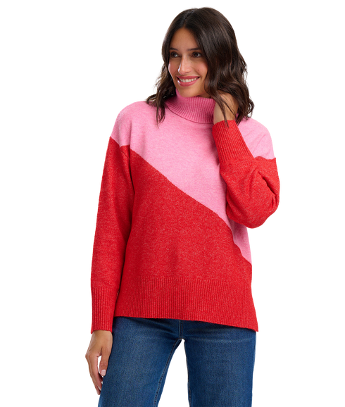 Winona Roll-Neck Jumper - Pink/Red/Colour Block