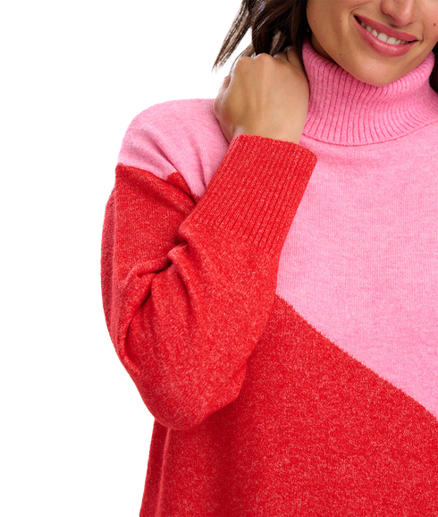 Winona Roll-Neck Jumper - Pink/Red/Colour Block