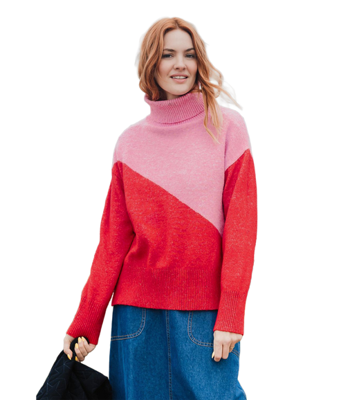 Winona Roll-Neck Jumper - Pink/Red/Colour Block