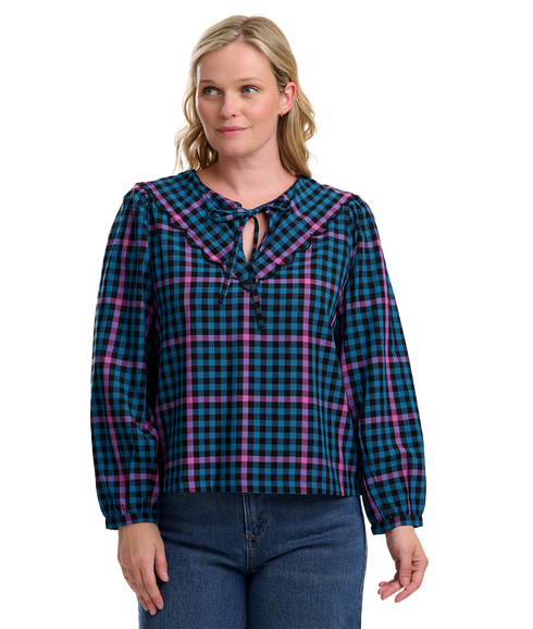 Nessie Scallop Collar Blouse - Black/Teal/Twilight Gingham