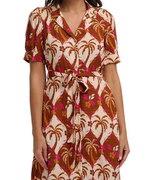 Penelope Midi Shirt Dress - Browns/Palm Waves Tile