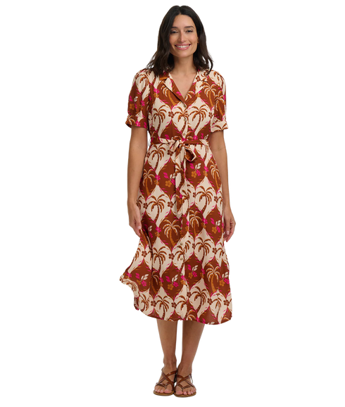 Penelope Midi Shirt Dress - Browns/Palm Waves Tile