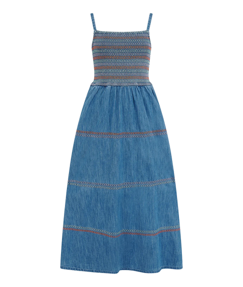 Murren Shirred Midi Dress - Washed Blue Denim
