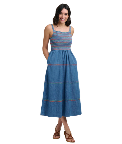 Murren Shirred Midi Dress - Washed Blue Denim