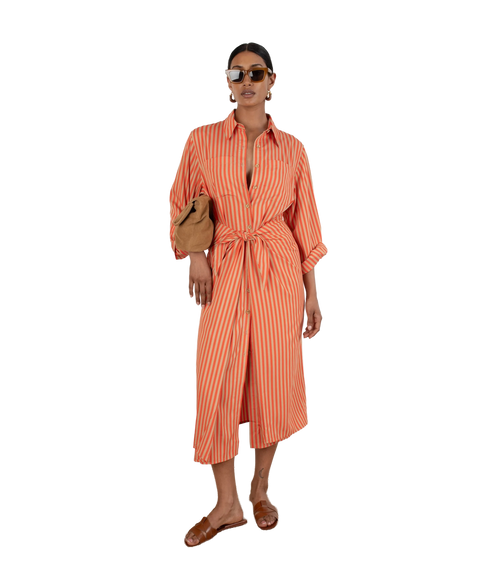 Lina Tie Front Shirt Dress - Orange Sand