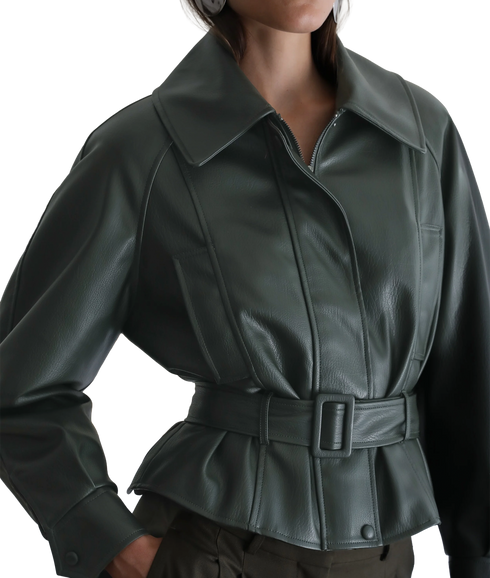 Ayla Belted Faux Leather Jacket - Dark Green