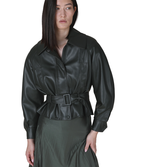 Ayla Belted Faux Leather Jacket - Dark Green