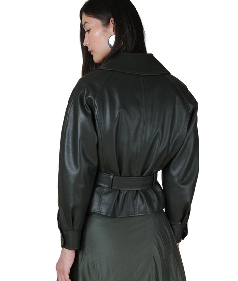 Ayla Belted Faux Leather Jacket - Dark Green