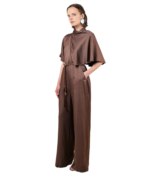 Reinah Cape Sleeve Silk Blend Jumpsuit - Brown