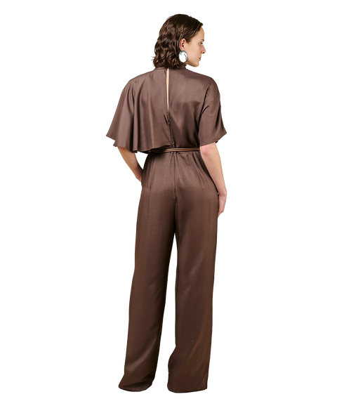 Reinah Cape Sleeve Silk Blend Jumpsuit - Brown