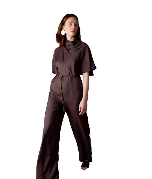 Reinah Cape Sleeve Silk Blend Jumpsuit - Brown