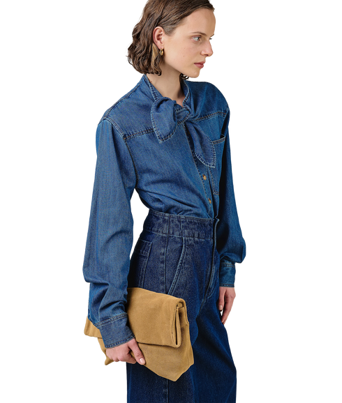 Elif Neck Tie Soft Denim Shirt - Blue