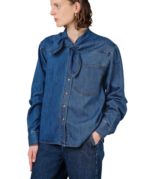 Elif Neck Tie Soft Denim Shirt - Blue