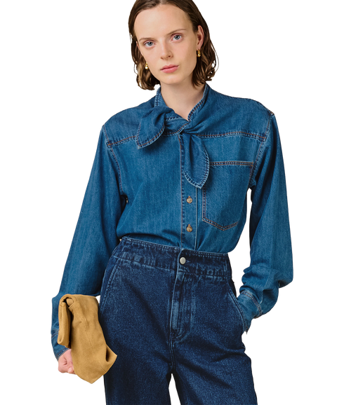 Elif Neck Tie Soft Denim Shirt - Blue