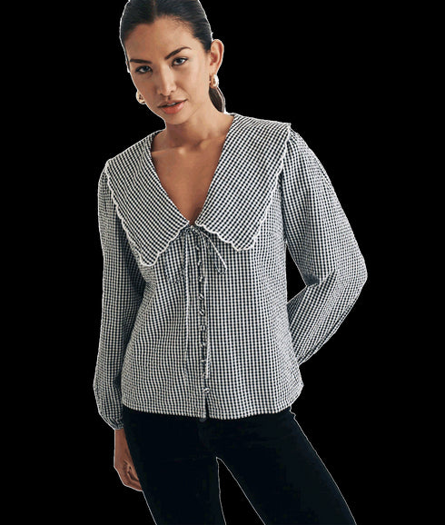 Gingham Long Sleeve Birdie Blouse - Black
