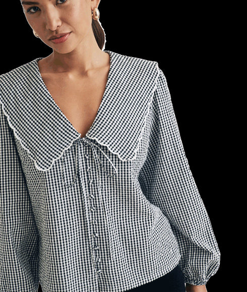 Gingham Long Sleeve Birdie Blouse - Black