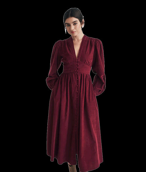 Cord Long Sleeve Starlight Midi Dress - Red