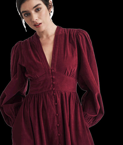 Cord Long Sleeve Starlight Midi Dress - Red