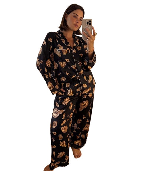 Delores Button Through Pyjama Set - Black