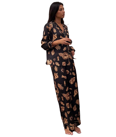 Delores Button Through Pyjama Set - Black