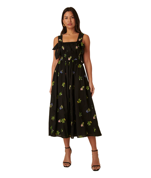 Dallas Midi Dress Embroidered - Black