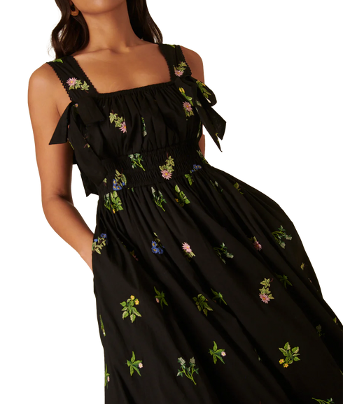 Dallas Midi Dress Embroidered - Black