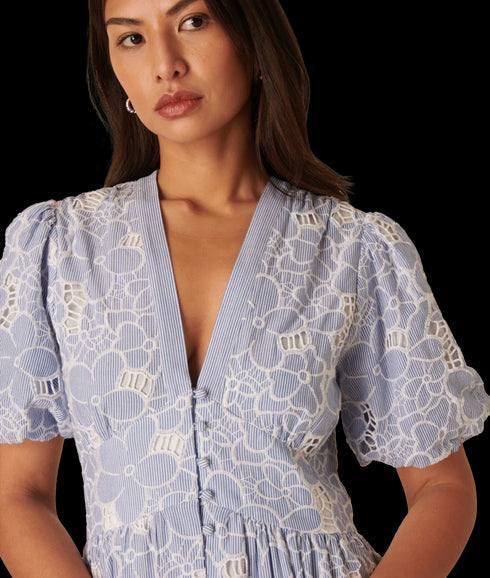 Starlight Midaxi Dress Stripe Broderie - Blue