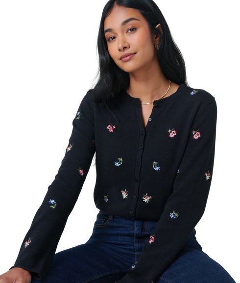 Embroidered Ditsy Cardigan - Black