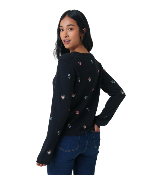 Embroidered Ditsy Cardigan - Black