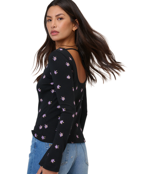 Wide Sleeve Scoop Back Top - Black