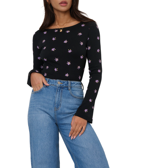 Wide Sleeve Scoop Back Top - Black