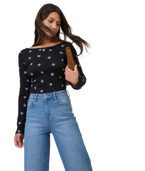 Wide Sleeve Scoop Back Top - Black