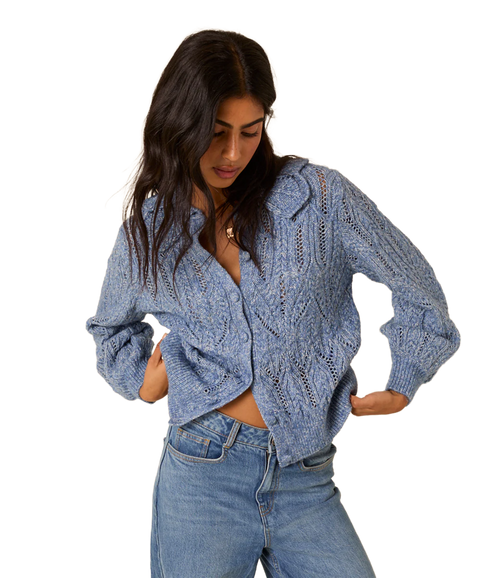 Pointelle Chunky Collar Cardigan - Blue